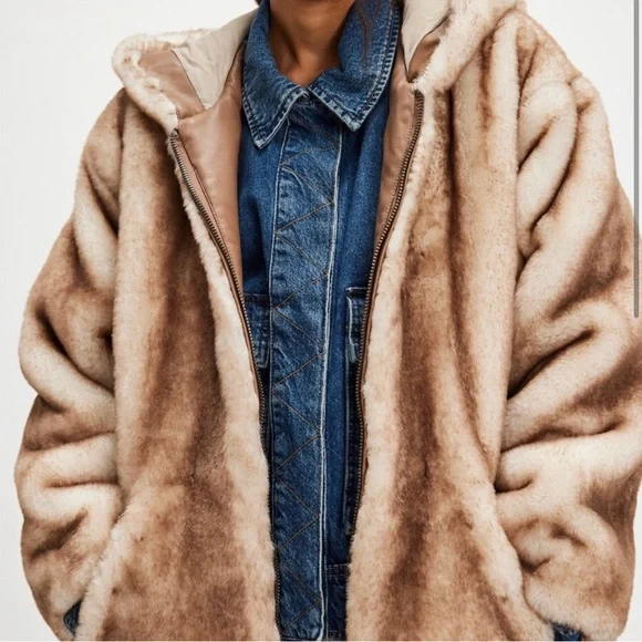 HANNAH HOODED FUR COAT IN BROWN (Soft Faux Fur) Retail at Free People $498 - Picture 2 of 4
